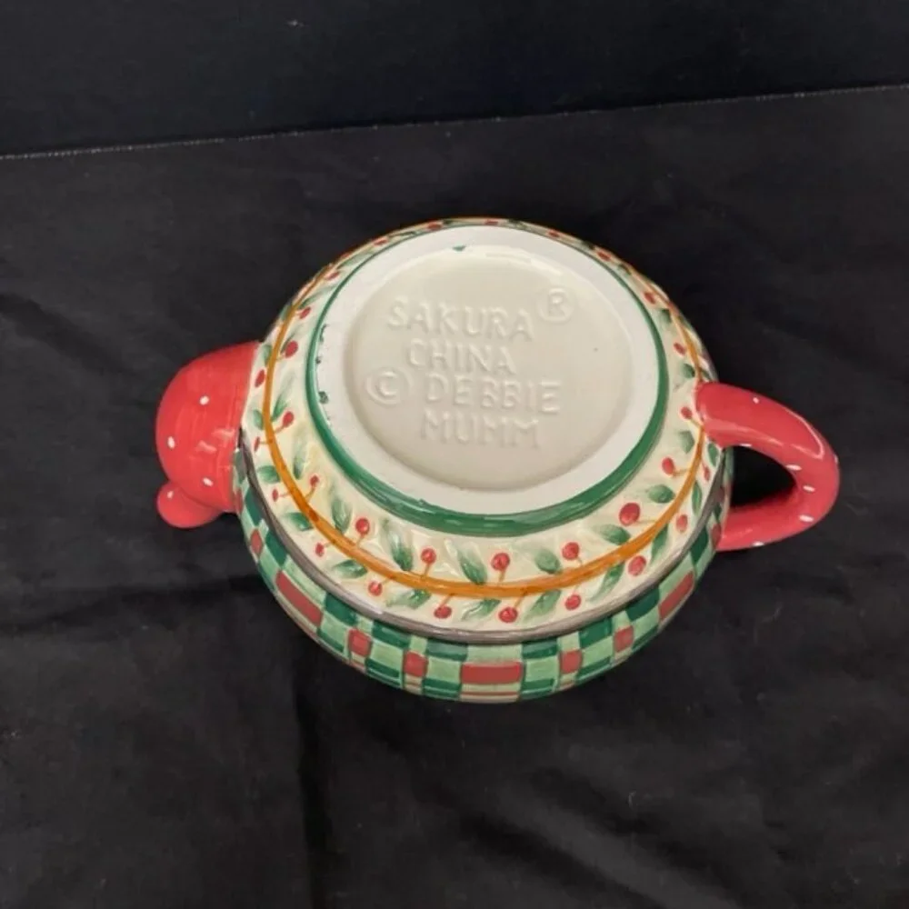 Debbie Mumm‎ Sakura Christmas Mini Teapot Santa Lid Holly Plaid Holiday Seasonal